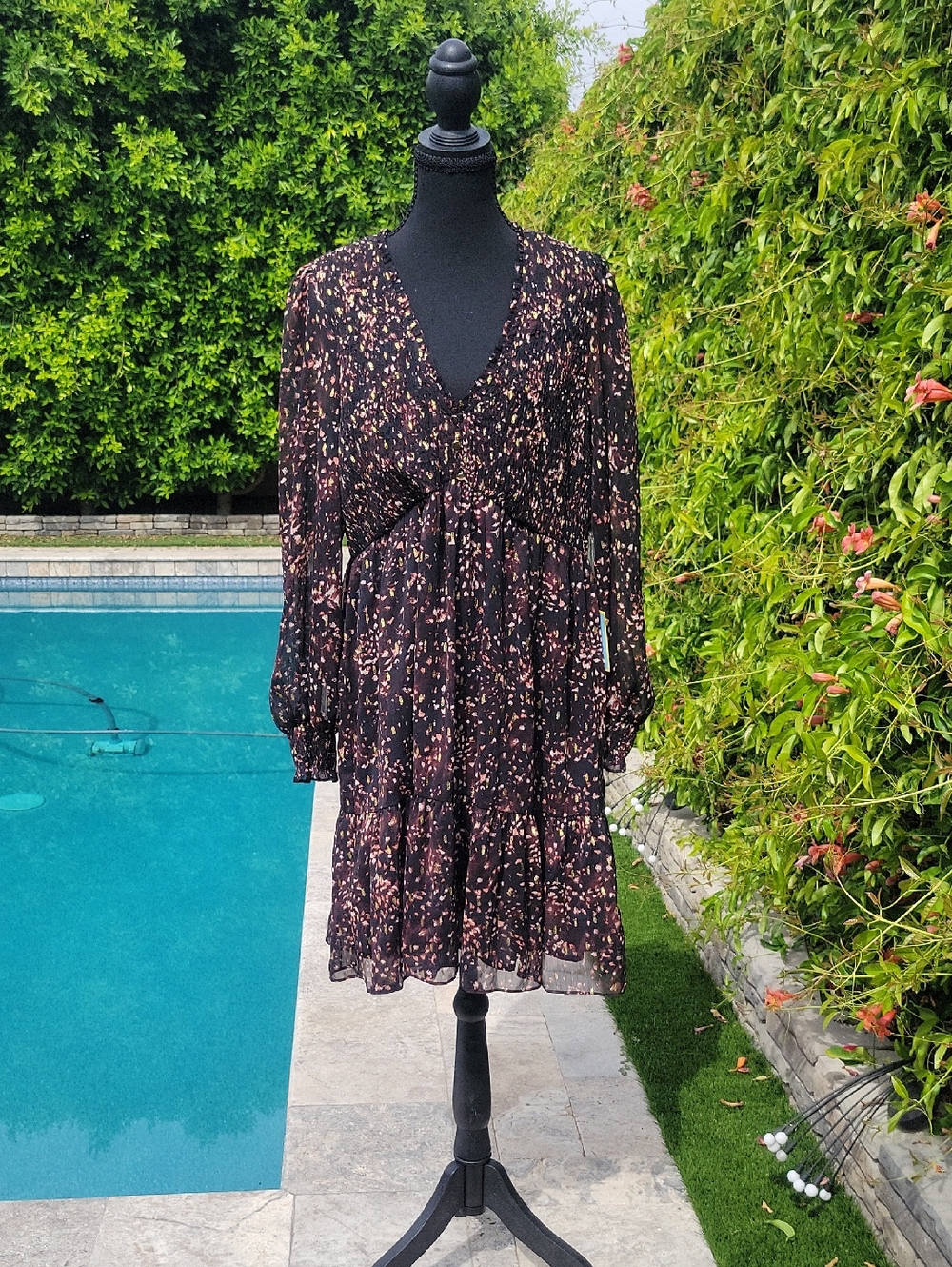 Black Dress With Autumn Hues & Gold Flecks Sheer Bubbly Sleeves XL